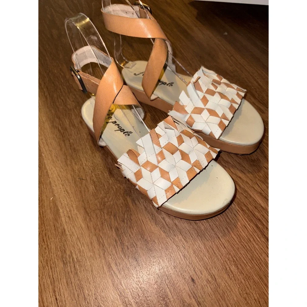 Free People Woven Leather Ankle Strap Platform Sandals Tan White Womens 6 Beach